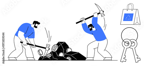 Sustainability, recycling processes, e-waste management, environmental protection, circular economy, green economy. Two workers breaking down e-waste materials with tools. Recycling processes