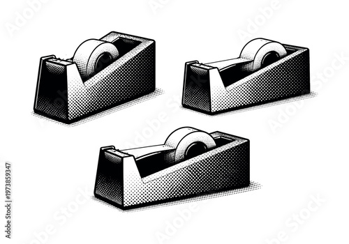 Tape Dispenser ? minimalist tape dispenser with clean geometric shape. Black and white dot style with halftone texture and high contrast. Halftone texture with