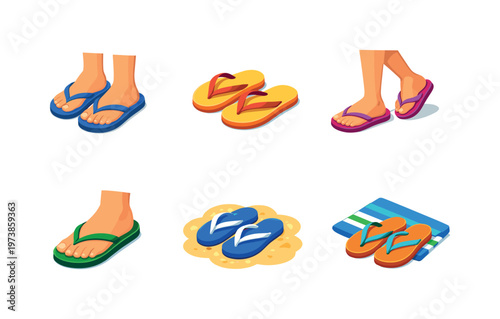 WearingFlipFlops. Isometric flat vector icons set of wearing flip-flops: flip-flops on feet, beach flip-flops pair, casual summer walk pose, foot with sandal