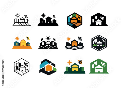 urban beekeeping. Icon set. Set Logo of urban beekeeping: beehive on rooftop. harmonious logo variations of the same emblematic concept, each with different