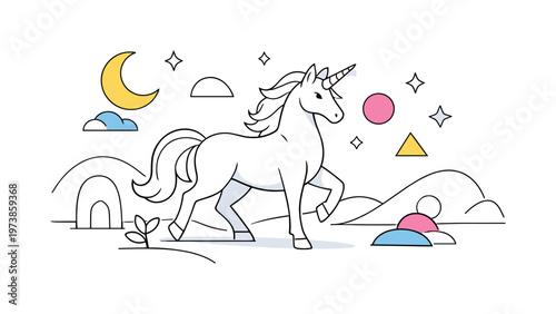 Unicorn fantasy world. Minimal landscape with hills and stars, unicorn walking confidently through abstract shapes, subtle glow around the horn. Calm sense of