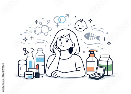 Hormone disruptor exposure. Person surrounded by everyday products like bottles, cosmetics, and packaging, pausing in thoughtful awareness. Scene suggests
