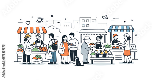 City market atmosphere. People browsing fresh produce and small stalls along a lively urban street. The scene captures everyday rhythm, local culture, and