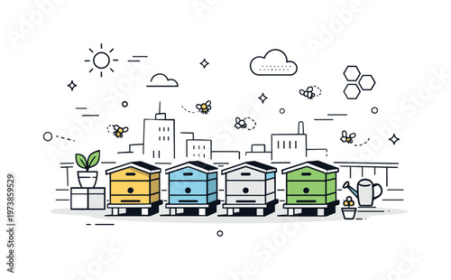 City rooftop hives. Several beehives arranged neatly on a modern rooftop, bees flying calmly around. Organized and sustainable urban scene with abstract