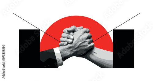 black and white close-up of two hands clasping in collaboration, large red semicircle intersecting the composition like a rising success symbol, abstract black