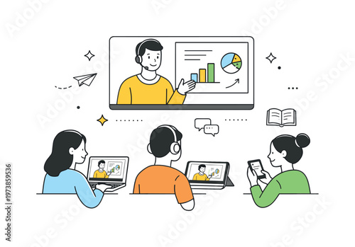 Remote presentation. A presenter sharing slides on screen while participants watch attentively from their devices. A calm editorial moment about knowledge