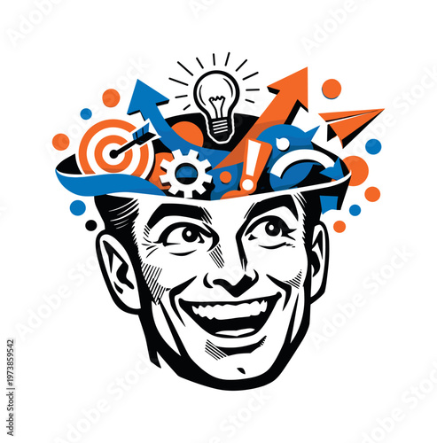 Close-up black and white comic face smiling with sudden idea, cut-out layered look, abstract inspiration symbols like arrows, icons, and circles in orange and