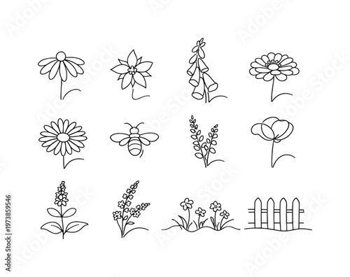 Pollinator-Friendly Wildflower Collection. Minimalistic set one-line drawing black-eyed Susan, borage flower, foxglove stem, zinnia bloom, aster flower, bee