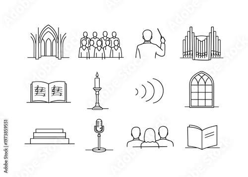 Cathedral Choir Concert. Minimalistic set one-line drawing cathedral arch interior, choir in formal attire, conductor with baton raised, pipe organ, sheet