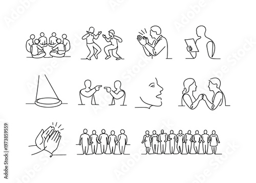 Improv and Acting Practice. Minimalistic set one-line drawing group circle exercise, spontaneous acting pose, laughter during improv, director clapping cue,