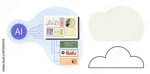 Artificial intelligence, cloud computing, data processing, machine learning, future of work, automation. Visual includes AI label, data graphs and connected cloud icon. AI and cloud computing