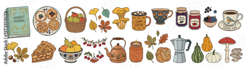 Cozy autumn harvest collection with hand drawn illustrations of pumpkins mushrooms leaves hot drinks and home baked treats for fall season branding and graphics isolated on white background
