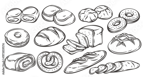 Bread and pastry set with croissant, baguette, sliced loaf, donut, pretzel, sweet roll and artisan breads. Retro bakery outline collection, monochrome engraving vector illustration.