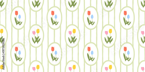 Vintage tulip flower bouquet art seamless pattern illustration. Retro nature floral background in hand drawn style. Spring season garden decoration texture, natural textile drawing print.