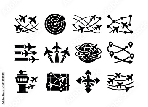 Air Traffic. Solid icon set of Air Traffic: multiple airplanes, flight paths crossing, busy airspace, navigation routes, radar style paths, coordinated
