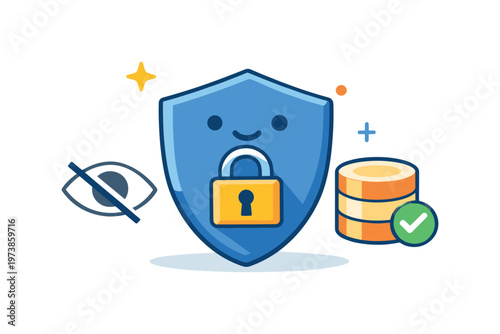 Online privacy protection represented by a friendly shield lock paired with subtle eye off and data icons to convey confidentiality and user control. The