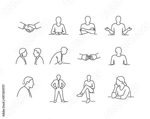Body Language in Job Interviews. Minimalistic set one-line drawing confident handshake, upright sitting posture, crossed arms gesture, open palms gesture, eye
