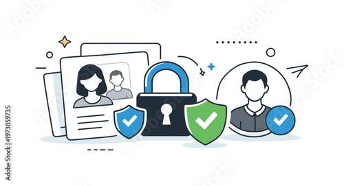Identity protection measures. Profile cards, locks, and verification badges arranged as a tidy system, showing layered defense. The composition conveys