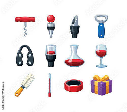 Wine Accessories. Colorful flat vector icons set of Wine Accessories: corkscrew, wine stopper, pour spout, bottle opener, foil cutter, wine aerator, decanter,