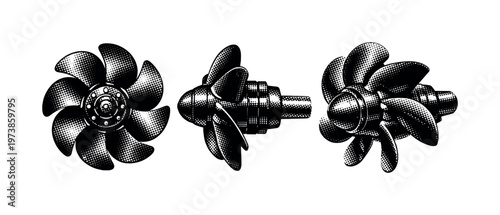 Submarine propeller assembly A realistic submarine propeller assembly shown as a single object in three views: rear axial view, side profile view, and angled
