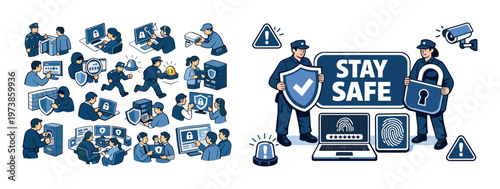 Stay safe isometric composition with cybersecurity, online protection, secure access, privacy shields, and digital safety elements for internet security and data protection design.
