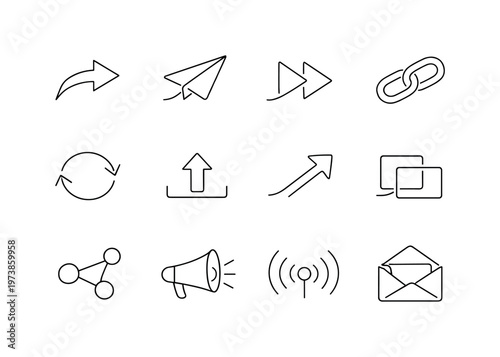 Shares and Forwarding Icons. Minimalistic set one-line drawing [share arrow, paper plane send, forward arrow, link chain, repost arrows circle, upload arrow,