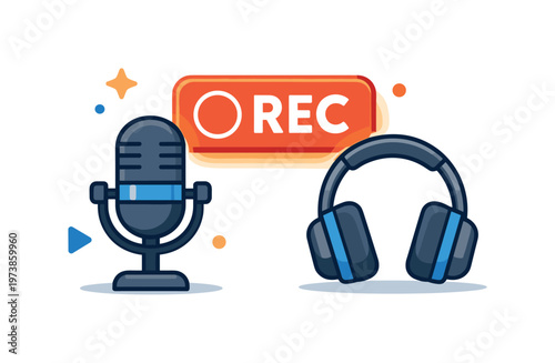 Podcast recording setup expressed by a recording button glowing beside a microphone and headphones, highlighting readiness to go live and creative momentum.