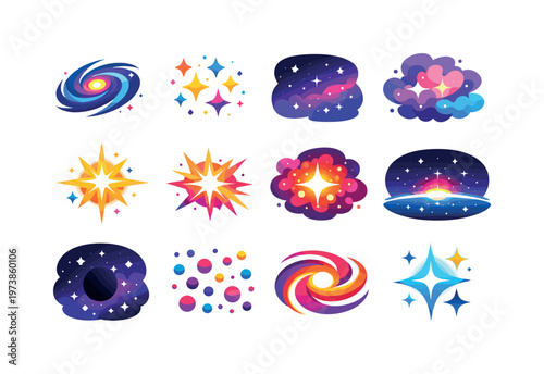 DeepSpace. Colorful flat vector icons set of DeepSpace: distant galaxies, star clusters, cosmic background, space clouds, glowing stars, light flares, nebula