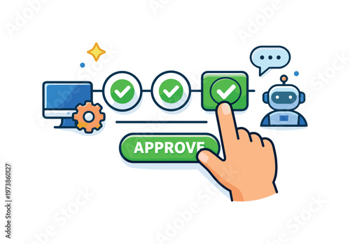 Human approval checkpoints expressed through a final step indicator activated by a human hand icon pressing approve. The scene highlights collaboration between
