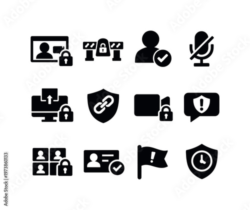 Online Classroom Security. Solid icon set of online classroom security: secure video meeting lock, waiting room gate, participant approval check, mute all