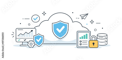 Cloud security and reliability. A cloud with a subtle shield icon and calm monitoring elements nearby. The scene suggests protection, trust, and stable