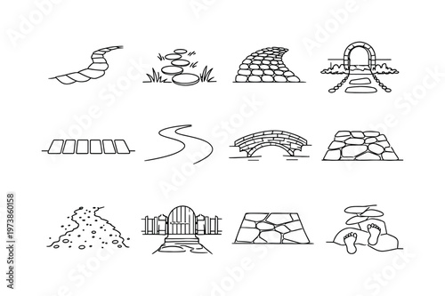 Stone Path. Minimalistic set one-line drawing curved stone walkway, stepping stones across grass, cobblestone pavement pattern, garden path with pebbles, stone