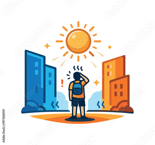 City overheating anxiety shown through a lone pedestrian under a blazing sun framed by tall buildings, communicating heat exposure, vulnerability, and lack of