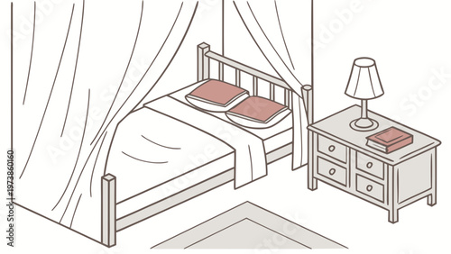 A minimalist line art illustration of a cozy bedroom with a bed and nightstand