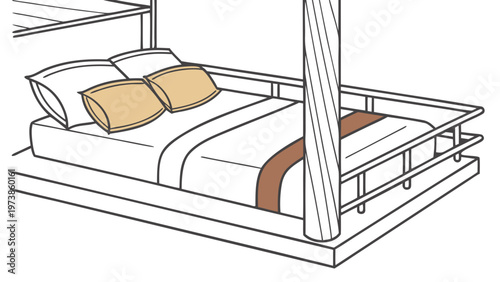 A minimalist vector illustration of a modern four-poster bed with a simple design