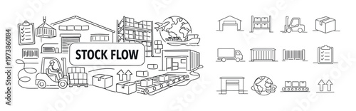 Stock flow line icon composition with warehouse and inventory symbols, supply chain elements, storage racks, package handling, and goods distribution concept. Minimal outline collection for stock mana