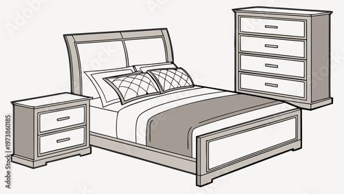 A minimalist line art illustration of a modern bedroom furniture set including a bed, nightstand, and dresser.