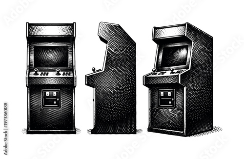 Arcade machine, a realistic arcade machine shown front view, side profile, and angled three-quarter view as three object representations with accurate cabinet