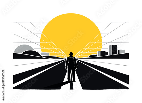 Black and white silhouette of a solitary traveler standing on an endless highway, oversized yellow geometric sun disk dominating the sky, thin grid lines