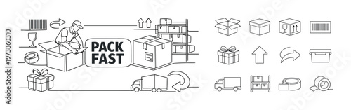 Pack fast line icon composition with packaging, delivery boxes, warehouse storage, and logistics service elements for shipping, moving, and cargo handling design.
