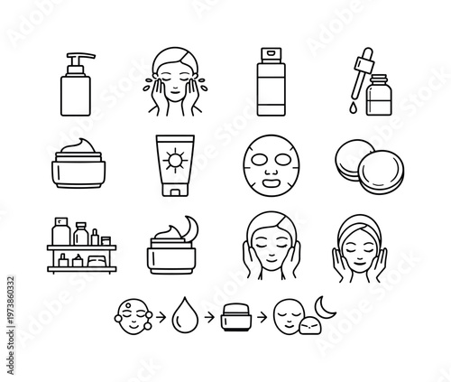Skincare Routine. Line icon set of Skincare Routine: cleanser bottle, face washing, toner bottle, serum dropper, moisturizer jar, sunscreen tube, face mask,