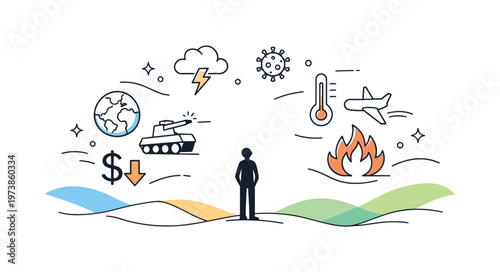 Global uncertainty feeling. Abstract waves and floating symbols of crises moving around a small human figure, expressing scale and vulnerability. Quiet,