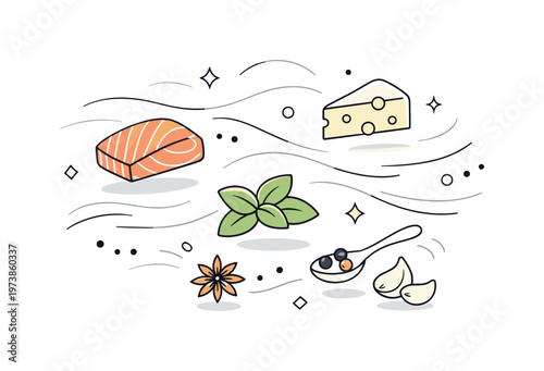 Transcendent taste. A minimal scene of floating food elements suggesting aroma and richness, flavors elevated beyond everyday experience, soft abstract motion