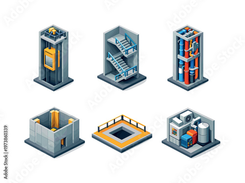 BuildingCore. Isometric flat vector icons set of building core: elevator shaft, stairwell core, utility shaft, structural core walls, core floor opening,