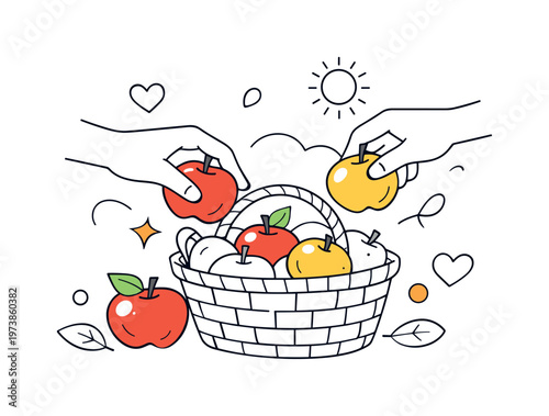 Harvest Experience. Close-up scene of hands placing apples into a basket, feeling of abundance and nature. Minimal icons like hearts or sun shapes floating