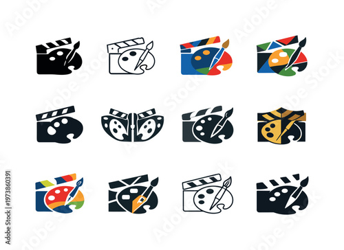 Art in film and visual media. Icon set. Set Logo of Art in film and visual media: director clapperboard. harmonious logo variations of the same emblematic