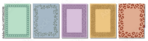 Set of five elegant decorative frames with floral vine leopard and celtic patterns for luxury wedding invitations and chic social media branding elements isolated on white background art