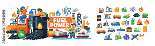 Fuel power isometric composition with oil industry, refinery equipment, fuel transport, energy production, and industrial service elements for petroleum and power sector design.
