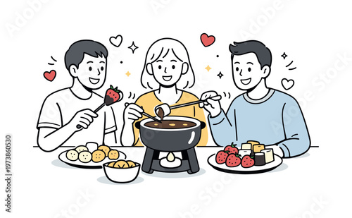 Chocolate fondue dessert moment. People dipping fruit and sweets into a chocolate fondue pot, sharing smiles and gentle movement. Floating hearts and dots