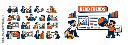 Read trends isometric composition with business analytics icons, market research elements, data charts, performance monitoring tools, and trend analysis concept. Colorful vector-style set for statisti
